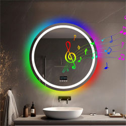 Espejo LED Redondo para Baño de 800x800mm, Espejo de Pared Antivaho con Altavoz Bluetooth, Memoria de Brillo, Luz Frontal y Retroiluminación RGB