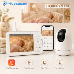 Monitor inalámbrico para bebés con pantalla LCD de 5 pulgadas, cámara WiFi, aplicación y pantalla, control dual, audio bidireccional, visión nocturna por infrarrojos, monitorización de temperatura,