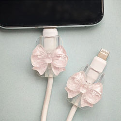 Funda protectora de Cable de cargador de silicona con lazo rosa, Clip de soporte de Cable, envoltura de cubierta de Cable transparente antirotura, 2 uds.