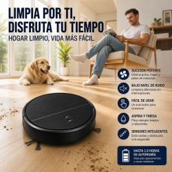 Robot Aspirador y Fregador Inteligente de 11W con Diseño Ultrafino de 7cm, Autonomía de 1.5 Horas, 3 Modos de Limpieza y Sensores Anticaídas para Suelos Duros y Alfombras de Pelo Corto