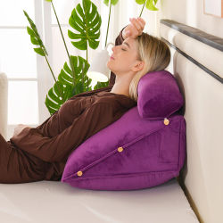 Almohada de Soporte para Espalda con Almohada para Cuello, Cojín para Cama o Sofá con Rollo para Cuello Extraíble y Bolsillo Lateral, Cojín de Soporte en Forma de Cuña