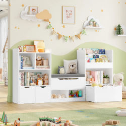 Getone Almacenaje Juguetes 183.5CM,Mueble Almacenaje Juguetes con Banco,Estantería Infantil Montessori con 11 estantes, Librería infantil 3 cajones con ruedas, 183.5x29.8 x94.5 cm