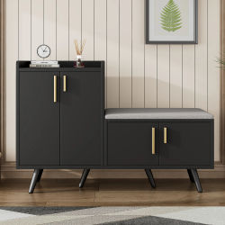 Mueble para Zapatos - con 4 Puertas y Asiento Acolchado - para Entrada - de Madera y Metal - 120 × 34 × 82 cm - Negro