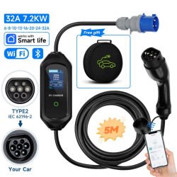 Cargador para Vehículos Eléctricos JNTAFEV de 7.2KW Tipo 2, 32A, 1 Fase, Carga Rápida, Cable de Carga EVSE, Control por WiFi y Bluetooth a través de Aplicación, Cargador Portátil