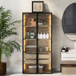 Anajqaqia Mueble de baño, Muebles de salón, con tira de luz, con 2 cajones grandes y 2 puertas de cristal, 74×36×155 cm