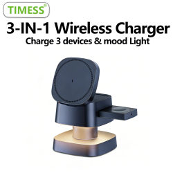 Lámpara Nocturna TIMESS con Cargador Inalámbrico 3 en 1 para iPhone 17, 16, 15, 14 PRO MAX, Airpods y Apple Watch