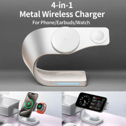 Cargador inalámbrico 4 en 1, carcasa de Metal, estación de carga rápida magnética de 15W, soporte para teléfonos móviles iPhone 12-17, Airpods, Apple Watch