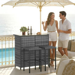 Juego de Bar de 3 Piezas en Polyrattan, Mesa de Bistro para Patio con 2 Taburetes, Muebles de Jardín para Balcón, Ahorro de Espacio, Ratán PE Gris