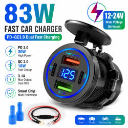 Cargador de Coche de 83W con Carga Rápida, Doble USB + Tipo C PD30W, Adaptador de Corriente para Teléfono con Voltímetro para Motocicleta, Camión, Barco