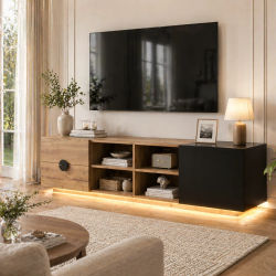 Mueble para televisor de 180*47*38,5 CM en madera negra, mueble para TV bajo modular moderno con 2 cajones, compartimento abierto y gabinete cerrado