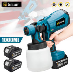 Gismis-pISTOLA DE PULVERIZACIÓN eléctrica para el hogar, pulverizador de pintura inalámbrico HVLP, aerógrafo con revestimiento de acero para muebles de coche, batería de 18V Pi, 1000ML