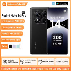 Xiaomi Redmi Note 14 Pro 5G Versión Global 256GB/512GB MTK Dimensity 7300-Ultra Pantalla AMOLED 6,67" 120Hz, Cámara principal 200MP OIS, IP68, NFC, Sin Cargador