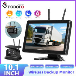 Podofo Monitor de Visión Trasera para Auto con Pantalla IPS HD de 10.1 Pulgadas + Cámara de Reversa Solar Inalámbrica con Función de Grabación, Cámara de Reversa de 720P