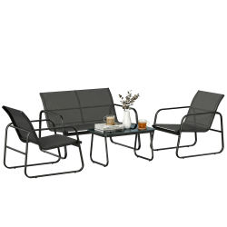Muebles de jardín Outsunny de 4 piezas con sofá, sillones y mesa baja, gris oscuro y negro