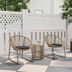 Outsunny Conjunto de Muebles de R 1 Mesa Redonda y 2 Sillas con Cojines Natural