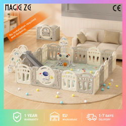 Parque de juegos plegable para bebés con tobogán y aro de baloncesto, centro de actividades para niños con valla de seguridad, patio de juegos modular de HDPE con panel de actividades, protector de