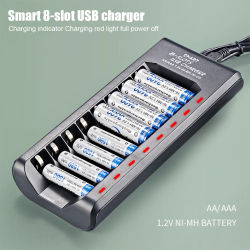 Cargador de batería recargable, salida USB, 8 ranuras, carga rápida, protección contra cortocircuitos para cargador de baterías NiMH AAA/AA de 1,2 V