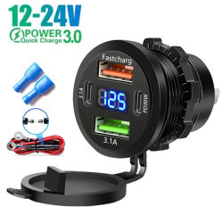 Enchufe de cargador de coche y motocicleta de 83W PD30W, carga rápida de 22,5 W, salida USB Dual tipo C, adaptador de corriente para teléfono con voltímetro resistente al agua