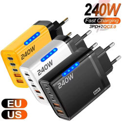 Cargador de teléfono GaN de 240W 5 en 1 con carga rápida, adaptador de corriente USB C, enchufe tipo C EU/US, cargador de pared para iPhone, Samsung, Xiaomi