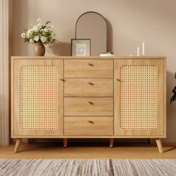 Aparador Ye con 4 cajones y 2 puertas, mueble de almacenamiento con aspecto de ratán, estantes ajustables, para sala de estar, comedor, pasillo, roble claro, 140W/40D/86H cm