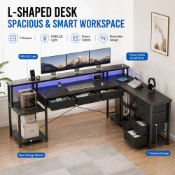 Escritorio de Computadora en Forma de L con Luces LED RGB, Escritorio de Juegos Reversible con Tomacorriente, Soporte para Monitor, Cajones y Almacenamiento