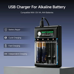 Cargador de batería inteligente para pilas alcalinas recargables AA AAA de 1,5 V, carga segura independiente, 4 ranuras, Cable USB-A, con cubierta