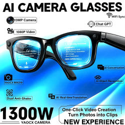 Gafas Inteligentes con IA, Cámara de 13MP, Grabación de Video, Reconocimiento de Fotos con IA, Gafas de Sol con Respuesta, Llamadas Bluetooth, Música, Protección Anti-luz Azul