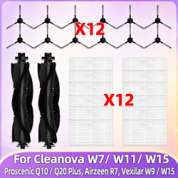 Compatible con ( Cleanova W7 / W11 / W15, Vexilar W9 / W15, Airzeen R7, Proscenic Q10 / Q20 Plus ) Piezas para aspiradora Cepillo principal Cepillo lateral Filtro Bolsa para polvo