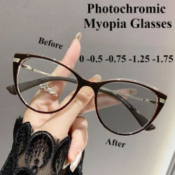 Gafas fotossensibles para miopía de 0-0,5-0,75 gafas de ojo de gato antiluz azul/gafas para miopía montura plana de Metal para gafas para miopía