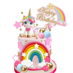 Adorno para tarta de unicornio, decoraciones para tarta de arcoíris con estrellas, bolas de unicornio, decoraciones para tarta de feliz cumpleaños para edades, Baby Shower