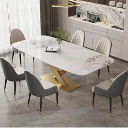 Mesa de comedor de lujo Mesa muebles para el hogar Mesa de cocina central en rectángulo escritorio de mármol consola de suelo acabado dorado 6 personas