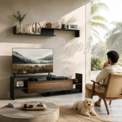 Mueble de TV Móvil con Estante de Pared, Niveles Abiertos y Armario de Madera, Negro y Marrón