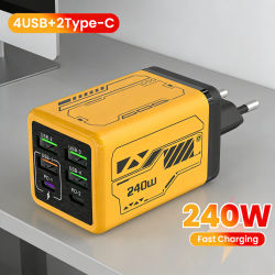 Cargador USB 240W 6 en 1 Tipo C de carga rápida para iPhone, Samsung, Xiaomi, adaptador de corriente con enchufe EU/US/UK, cargador de pared de carga rápida.