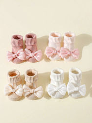 4 pares de calcetines para niños pequeños con lazos, lindos calcetines tobilleros de algodón suave para niñas, calcetines antideslizantes de moda para bebés recién nacidos de 0 a 24 meses
