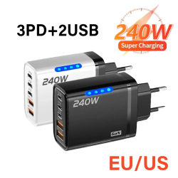 Cargador USB tipo C de carga rápida GaN de 240W, adaptador de corriente para teléfono móvil con múltiples puertos para Samsung, Huaweui, Xiaomi, iPhone, cargador de pared