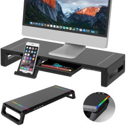 Soporte Elevador para Monitor de PC con 4 Puertos USB, Soporte Ajustable para Computadora, Estante para Teclado con Cajón de Almacenamiento, Soporte para Tablet, Teléfono, Laptop y Monitor