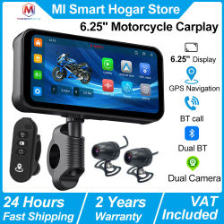 Reproductor Multimedia para Motocicleta de 6.25'', Navegación GPS, Carplay Inalámbrico, Android Auto, Llamadas por Bluetooth, Control con Clic, Reproductor con Pantalla Táctil Dual Bluetooth para Moto