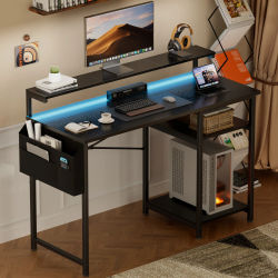 Mesa de Oficina de 100/120 cm, Escritorio para Computadora con LED y Soporte para Monitor, 2 Estantes y Bolsa de Almacenamiento, Mesa para PC para Estudio y Dormitorio
