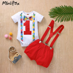 MiniFox-traje de cumpleaños para bebés de un año, mono de 1 pulgada y pantalones cortos con tirantes en la espalda en Y, conjuntos de pastel de cumpleaños de 1 año
