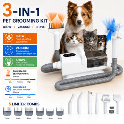 Kit de Aseo para Mascotas, Aspiradora de Pelo para Perros/Gatos con Recipiente de 2.2L, Secador de Pelo para Mascotas con Velocidad y Temperatura Ajustables, Limpiador de Pelo para Mascotas de Bajo