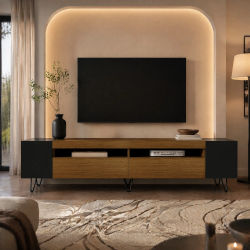 Mueble de TV Moderno de 180 cm en Acabado Negro y Madera con Estantes de Almacenamiento