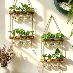 Macetero colgante de cuerda estilo bohemio de madera y ABS, florero de pared para plantas acuáticas, para decoración de pared en interiores, hogar, dormitorio, balcón