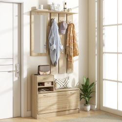 HOMCOM - Mueble de entrada 3 en 1 con perchero, espejo y banco para zapatos, 6 ganchos y estante ajustable, efecto madera natural