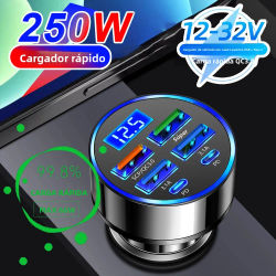Cargador de coche PD de 66-250W QC3.0 carga rápida uno a seis enchufe de encendedor de cigarrillos de coche carga Flash con pantalla Digital