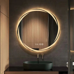 Espejo LED antiniebla para baño, espejo de tocador montado en la pared HD con retroiluminación circular, inastillable, luces de 3 colores, altavoz Bluetooth ajustable