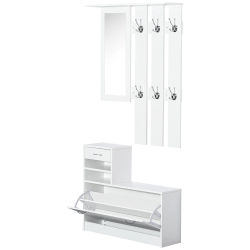 Juego de 3 muebles de entrada en 1 para guardarropa con perchero, espejo y banco para zapatos, 6 ganchos y estante ajustable, Blanco