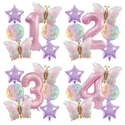 Juego combinado de 7 globos con números y mariposas rosas, perfecto para celebraciones de cumpleaños, fiestas infantiles, baby shower
