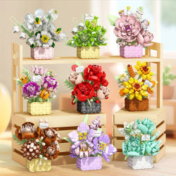 Cesta de flores eternas de rosas, Mini bloque de construcción de partículas de plantas en macetas, adorno de flores de girasol DIY, juguete ensamblado, regalos para niños
