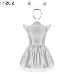 Disfraz de Astronauta Alienígena para Niñas, Vestido Tutú Metálico Brillante con Mangas Voladoras y Diadema, Disfraz de Robot para Halloween