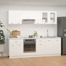 Conjunto de 8 Muebles de Cocina de Madera de Ingeniería Blanca, Conjunto Completo de Muebles de Cocina de Madera de Ingeniería, Armarios Bajos y Colgantes, Gran Espacio de Almacenamiento